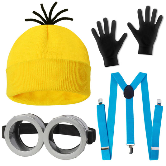 CONGRU 4 Pcs Halloween Costume Accessories Adults-Yellow Beanie Hat/Goggles/Gloves/Suspenders for Halloween Dress Up