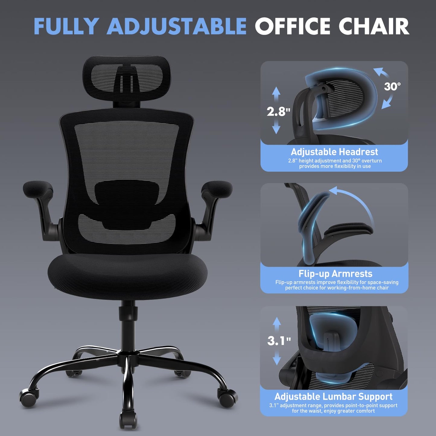 Ergonomic Office Chair with Adjustable Lumbar Support & Headrest – High Back Mesh Desk Chair with Flip-Up Armrests, Swivel Rolling Computer Chair for Home Office, Breathable & BIFMA Certified, Black