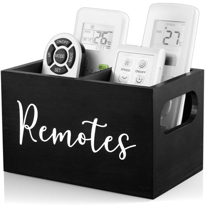 DRASTAR Remote Control Holder, TV Remote Holder, Remote Organizer Caddy for Table, Wooden Remote Box for Nightstand, Black Remote Caddy with 2 Slots