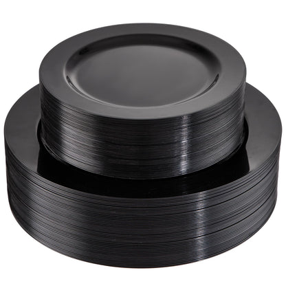 FLOWERCAT 100PCS Black Plastic Plates - Heavy Duty Black Disposable Plates for Halloween Party/Birthday/Wedding/Father's Day- serve 50guests 10 inch and 7 inch Set