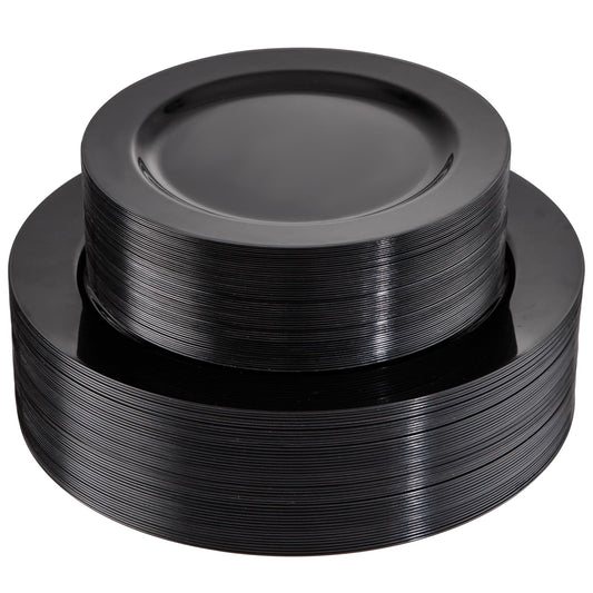 FLOWERCAT 100PCS Black Plastic Plates - Heavy Duty Black Disposable Plates for Halloween Party/Birthday/Wedding/Father's Day- serve 50guests 10 inch and 7 inch Set