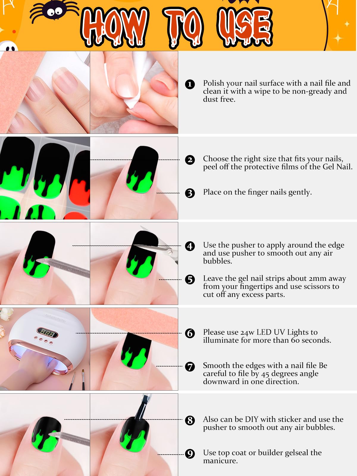 EBANKU 24Pcs Semi-Cured Gel Nail Strips, Halloween Y2K Nail Gel Polish Strips Real Nail Polish Art Stickers Wraps Easy Apply for Salon-Quality Manicure with Nails File and Nails Stick (Spooky Blood)