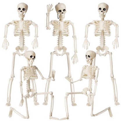 Daricano Halloween Decoration Outdoor 5 Pack Skeleton, 16" Plastic Posable Skeleton with Movable Joints, Small Hanging Skeletons for Halloween Decor, Haunted House Graveyard Props