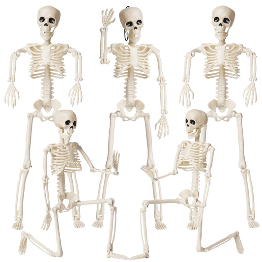 Daricano Halloween Decoration Outdoor 5 Pack Skeleton, 16" Plastic Posable Skeleton with Movable Joints, Small Hanging Skeletons for Halloween Decor, Haunted House Graveyard Props
