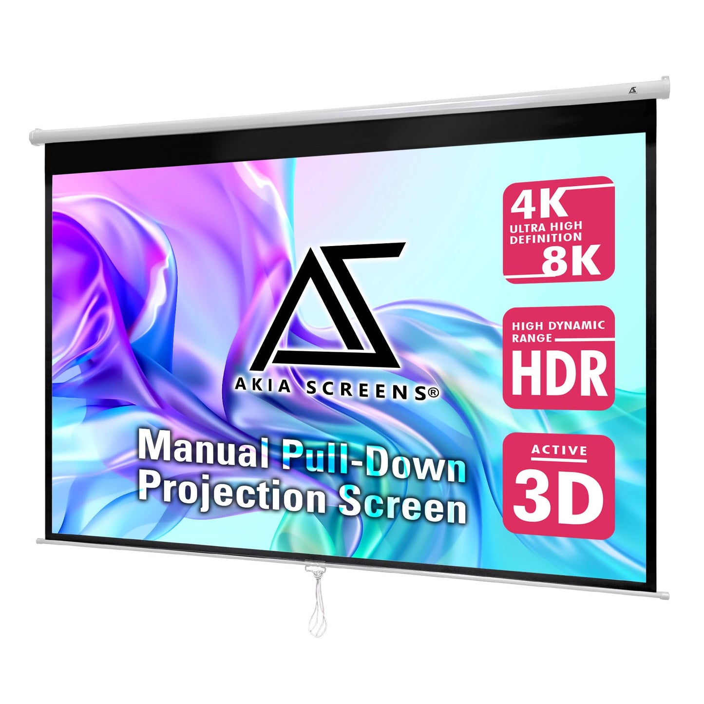 Akia Screens 110 inch Pull Down Projector Screen Manual B 16:9 8K 4K HD 3D Ceiling Wall Mount White Portable Projection Screen Retractable Auto Locking for Indoor Movie Home Theater Office AK-M110H1