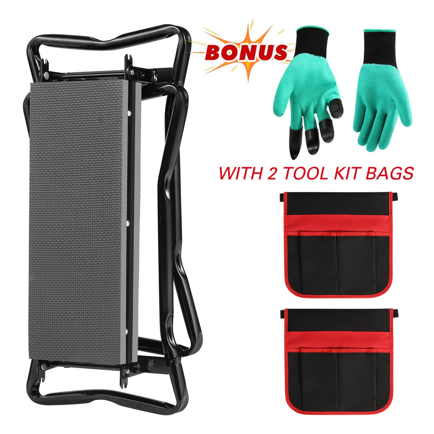Garden Kneeler and Seat--Folding Garden Stool, Gardening Bench Supplies, Heavy Duty Kneeler with 2 Ex-Large Pouches, EVA Foam Thick Pad, Detachable Belt--Gardening Gift for Women Men Gardener Lovers