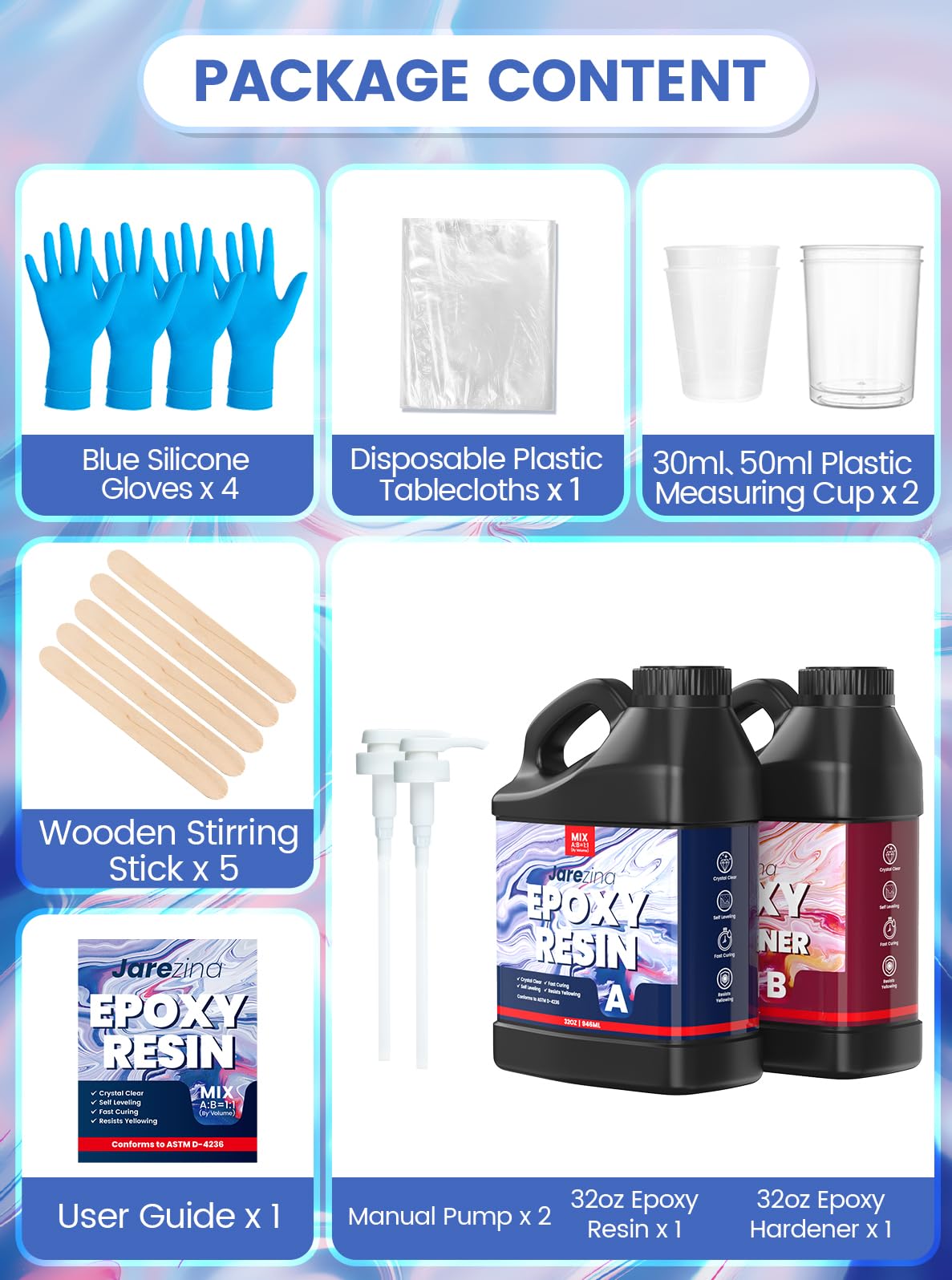 Jarezina 64OZ Epoxy Resin Kit,Crystal Clear Epoxy Resin-Strong and No Bubble,Not Yellowing,Self Leveling Easy Mix 1:1,Suitable for Art Casting,DIY,Jewelry Projects, Wood & Molds