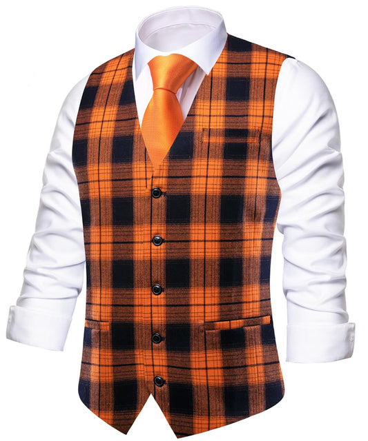 Hi-Tie Orange Black Halloween Suit Vest Mens Slim Fit Plaid Waistcoat 3 Pockets Formal Casual Tuxedo for All Saints' Day