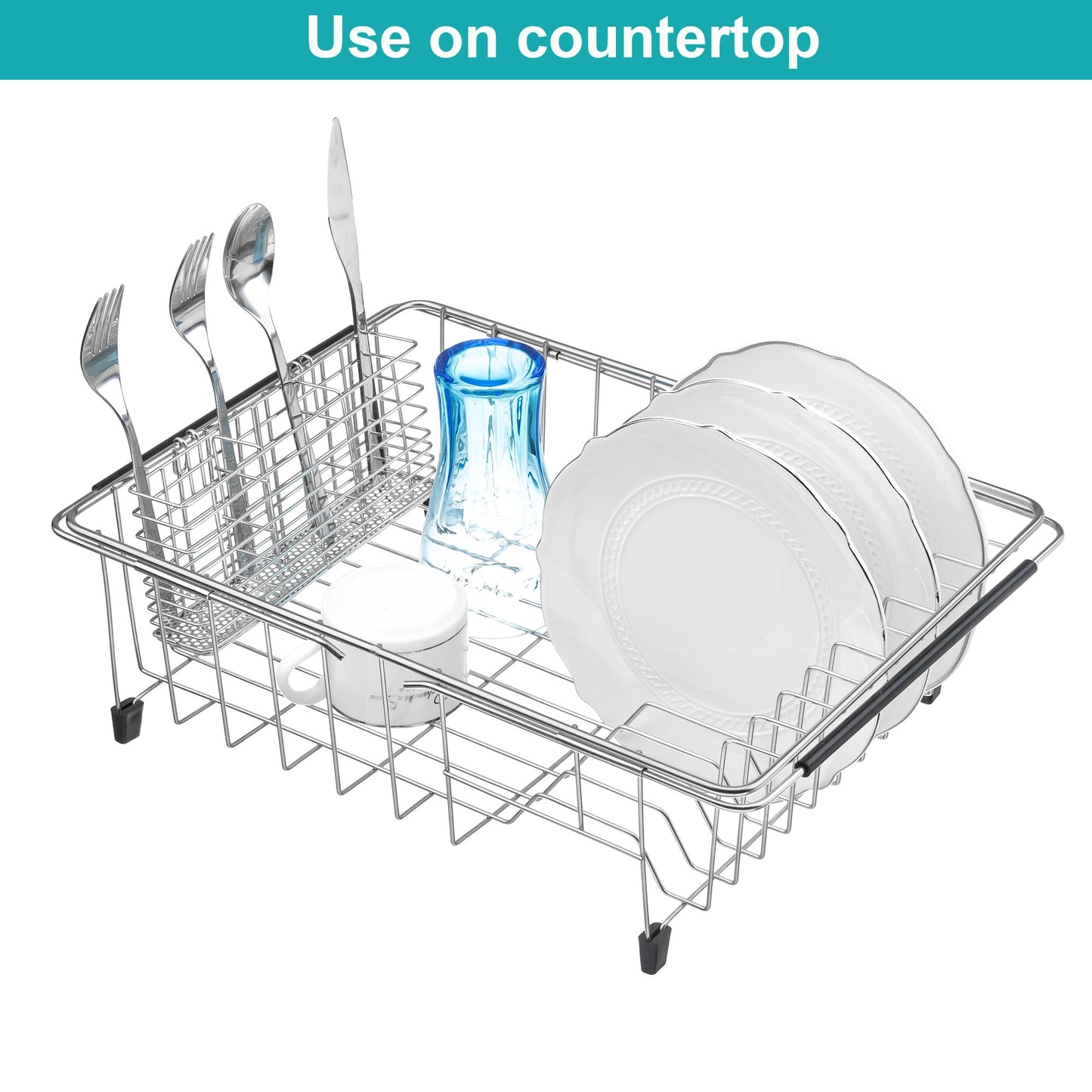 iPEGTOP Expandable Multifunctional Dish Drying Rack, Rustproof Stainless Over Sink Dish Drainer Rack Basket Shelf, Dish Drainer in Sink or On Counter Organizer with Utensil Cutlery Holder