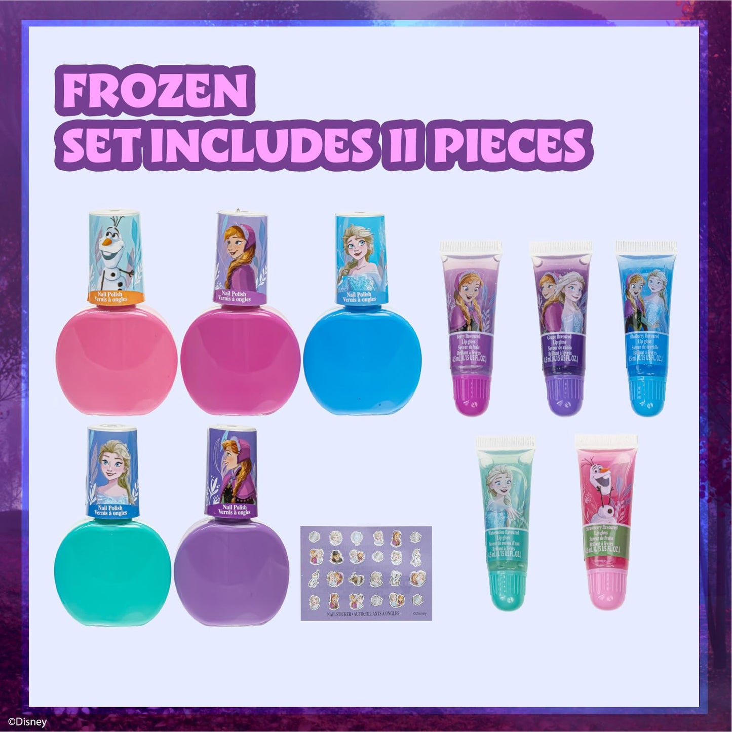 Disney Frozen 2 - Townley Girl Super Sparkly Cosmetic Makeup Set for Girls with Lip Gloss Nail Polish Nail Stickers - 11 Pcs|Perfect for Parties Sleepovers Makeovers| Birthday Gift for Girls 3 Yrs+
