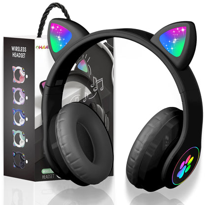 KERHAND Bluetooth Noise Cancelling Headphones for Kids,Foldable Cat Headphone with LED Light Up Ear,Cat Ear Headphones for Toddler with Microphone/TF Card,Kids Bluetooth Headphones for ipad