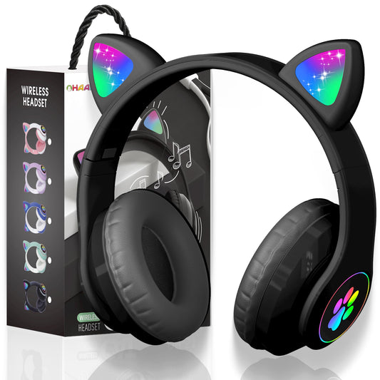 KERHAND Bluetooth Noise Cancelling Headphones for Kids,Foldable Cat Headphone with LED Light Up Ear,Cat Ear Headphones for Toddler with Microphone/TF Card,Kids Bluetooth Headphones for ipad