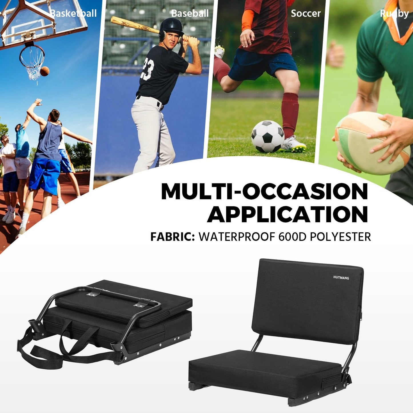 HUTMANG Chair - Stadium Seat with Back Support, Padded Foam Backs, 330LBS Weight Support, Portable, Foldable, Black