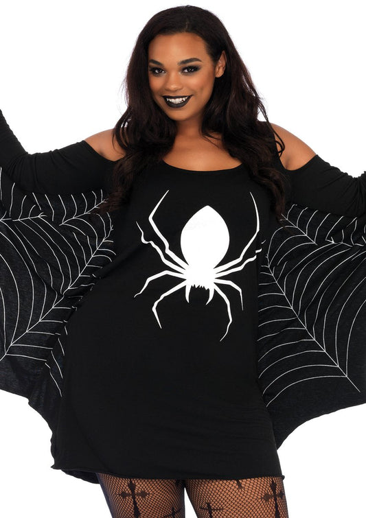 Leg Avenue Women's Plus Size Casual Jersey Halloween Shirt Dress, Spiderweb, 3X-4X