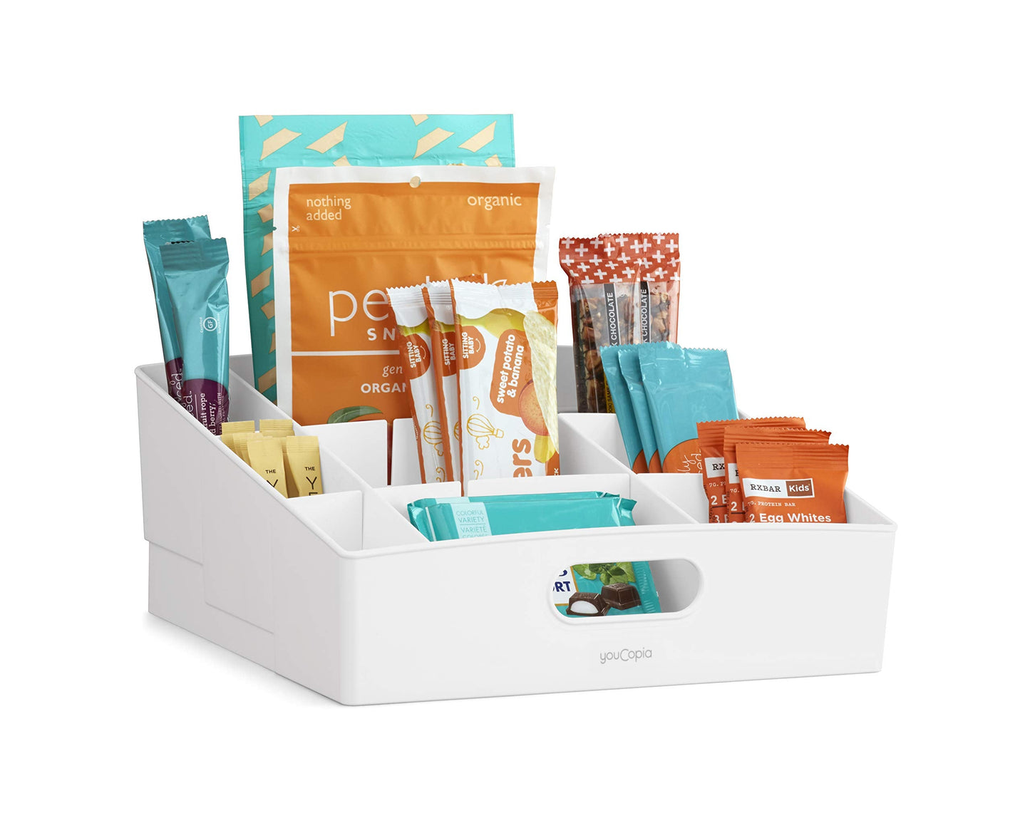 YouCopia ShelfBin Packet Organizer, 4-Tier Stairstep Raised Divided Bin, BPA-Free Storage Caddy for Kitchen Pantry and Cabinet Organization, Tea Bags, Medicine, and More