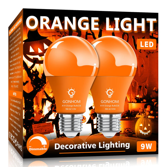 Gonhom 2 Pack A19 LED Orange Light Bulb,9 Watt Orange Lights Equivalent 100 Watt Colored Light Bulbs,E26 Base LED Lights for Party Decoration, Holiday Lighting,Halloween Light Bulbs