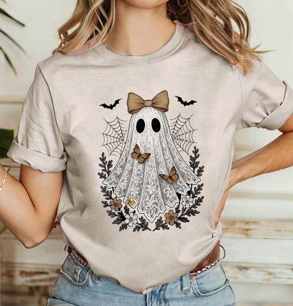 Halloween Shirts for Women Cute Ghost Shirt Vintage Graphic Tees Halloween Shirt Short Sleeve Funny Halloween Shirts (L, Ghost-Khaki)