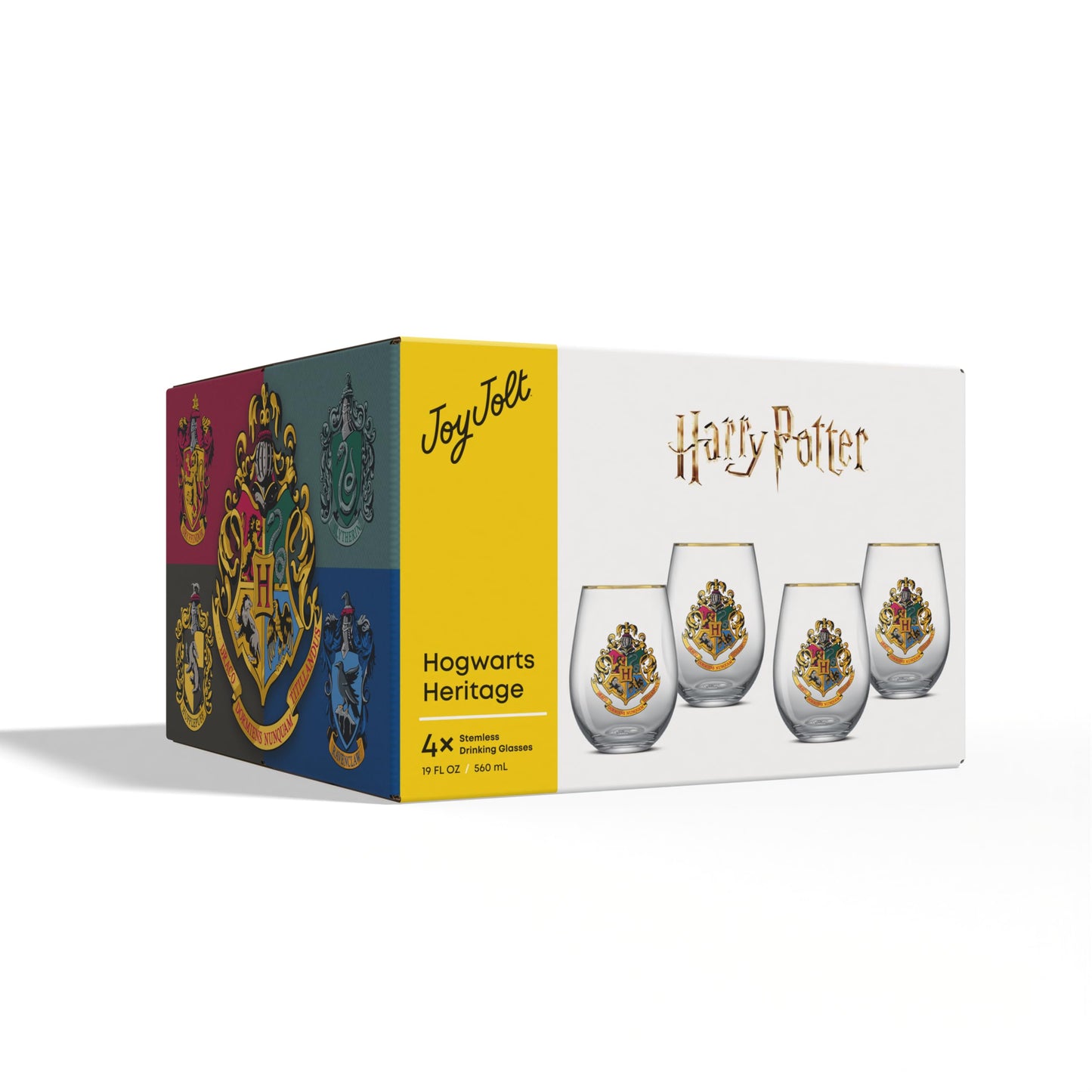 JoyJolt Harry Potter Hogwarts Heritage Stemless Drinking Glasses, 19oz Glass Tumblers, Teardrop Glass Drinking Glasses Set of 4, Hogwarts Cup, Harry Potter Gifts for Adults
