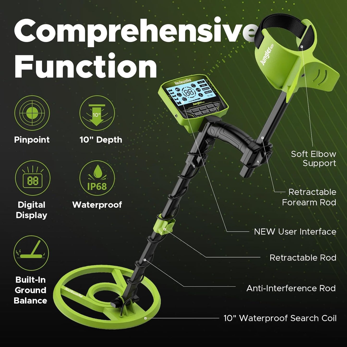 Hazlewolke Metal Detector for Adults, Rechargeable Battery for 20H Typical Use, 5 Professional Mode with Higher Accuracy 10” Waterproof Coil for Gold Detecting