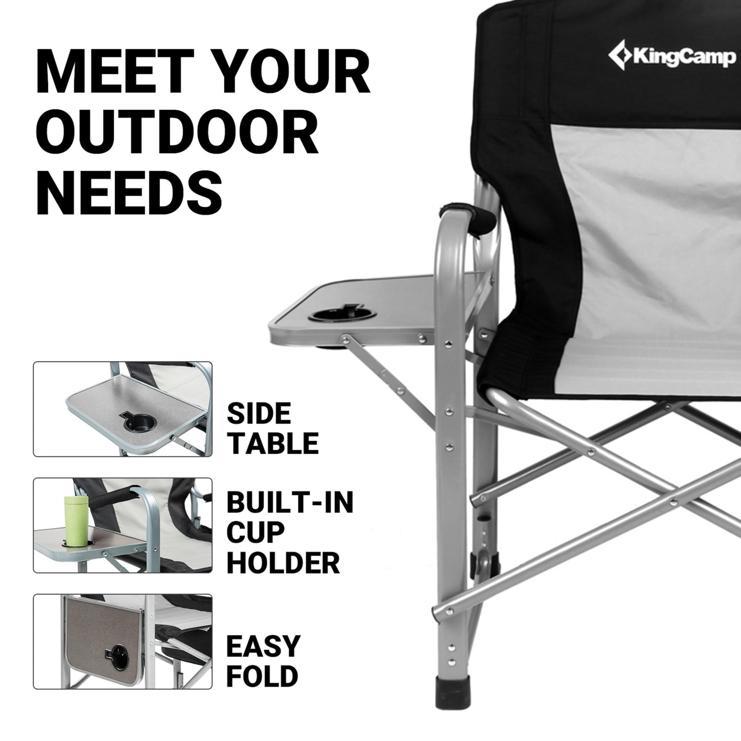 KingCamp Heavy Duty Camping Director Chair Outdoor Folding Chairs for Adults Oversized Camp Chair with Side Table, Cooler Bag, Padded Arms, for Fishing Sports Beach Picnic, Iron, Support 330lbs