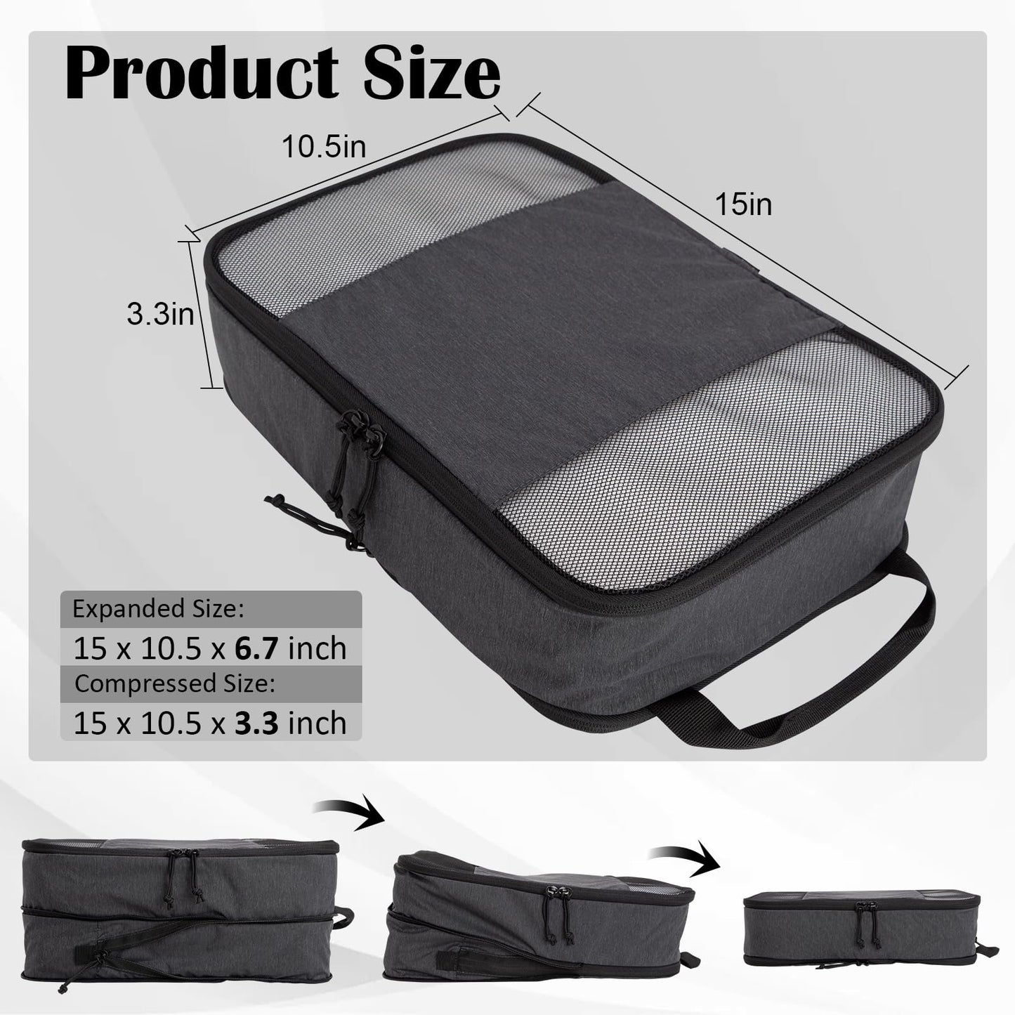 Compression Packing Cubes for Travel Essentials, 2 Set Expandable Compression Bags for Travel Packing Cubes for Suitcase Luggage Organizer Bags, Black Mesh