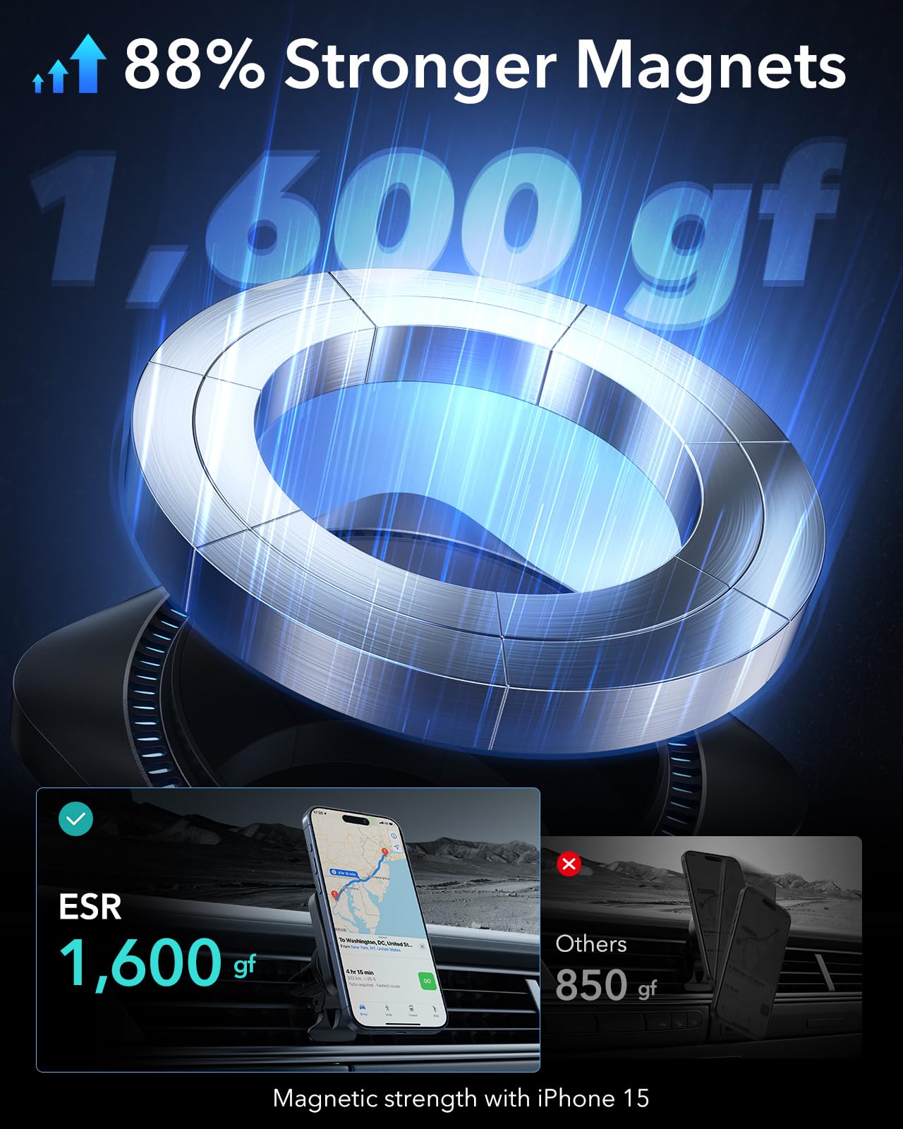 ESR for MagSafe Car Mount Charger with CryoBoost, Phone Cooling MagSafe Car Charger, Magnetic Wireless Car Charging, Air Vent/Dashboard Car Phone Holder for iPhone 16/15/14/13/12, S25, Fast Charging