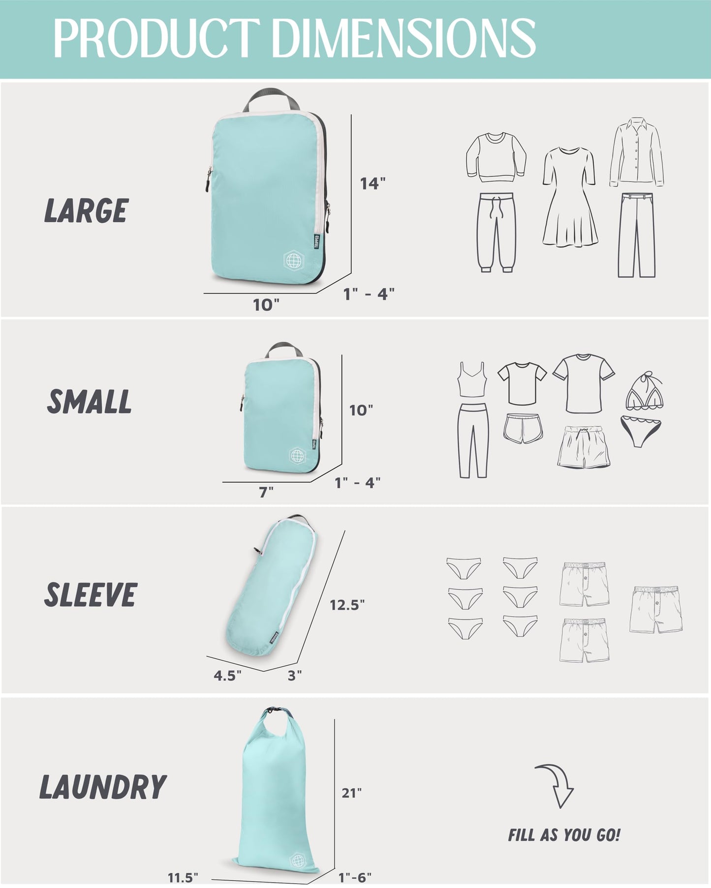 Compression Packing Cubes 6 Piece Set for Travel - Lightweight, Durable Clothes Organizer for Carry-On Luggage and Backpacks by TRIPPED Travel Gear (Dusty Teal and White)