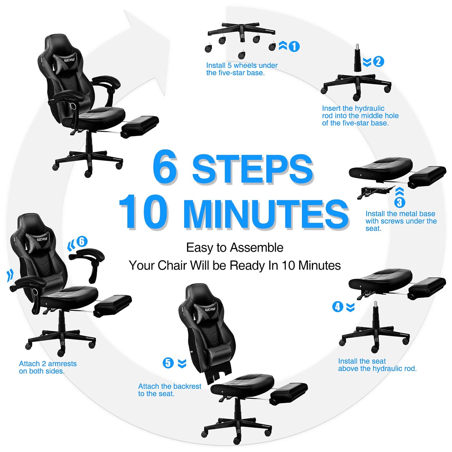 ELECWISH Gaming Chair, Reclining Computer Chair with Footrest and Lumbar Support, High Back Ergonomic for Adults with Headrest PU Leather