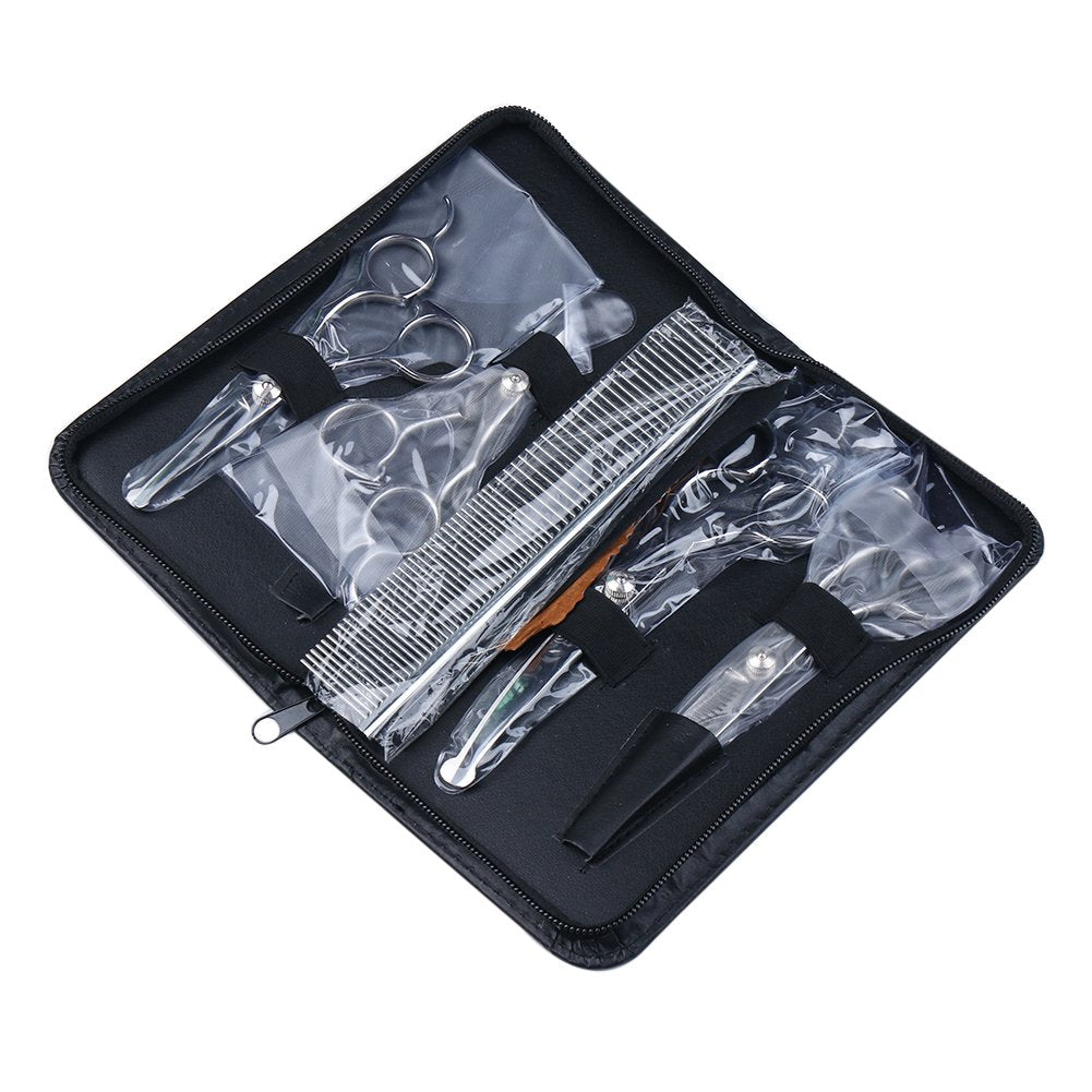 iSeaFly Dog Grooming Scissors Kit with Round Tip, 6 in 1 Cat Dog Scissors, Stainless Steel Pet Grooming Shears, Straight, Curved, Thinning Shears, Comb for Full Body, Face, Nose, Ear & Paw