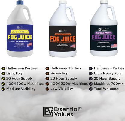 ESSENTIAL VALUES Smoke Fog Machine Liquid, Party Fog Juice - High Density - 128 Fl Oz/1 Gal - Produces Lasting High Density Haze for Water Based Foggers, Perfect for 400W-1500W Machines, Made in USA