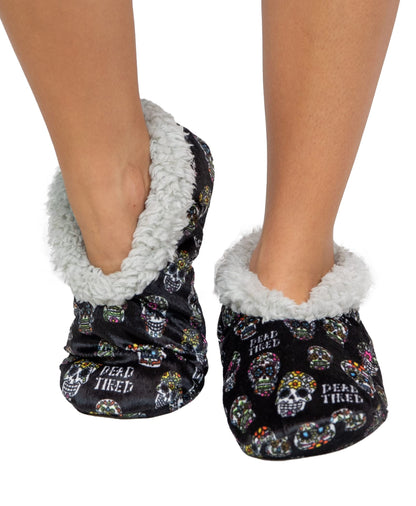 Lazy One Fuzzy Feet Slippers for Women, Cute Fleece-Lined House Slippers, Dead Tired, Sugar Skulls, Halloween, Non-Skid