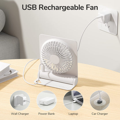 JISULIFE Small Desk Fan, Portable Travel with 4500mAh Battery, USB Rechargeable Folding Design for Flexibility, Strong Quiet Wind with 4 Speed Modes, Ideal Gifts for Office/Home/Camping - White