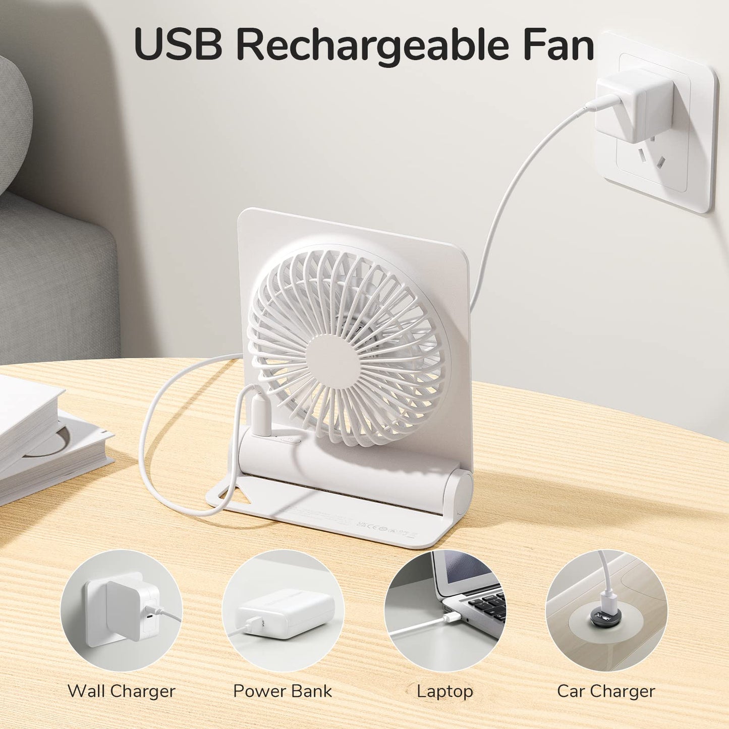 JISULIFE Small Desk Fan, Portable Travel with 4500mAh Battery, USB Rechargeable Folding Design for Flexibility, Strong Quiet Wind with 4 Speed Modes, Ideal Gifts for Office/Home/Camping - White