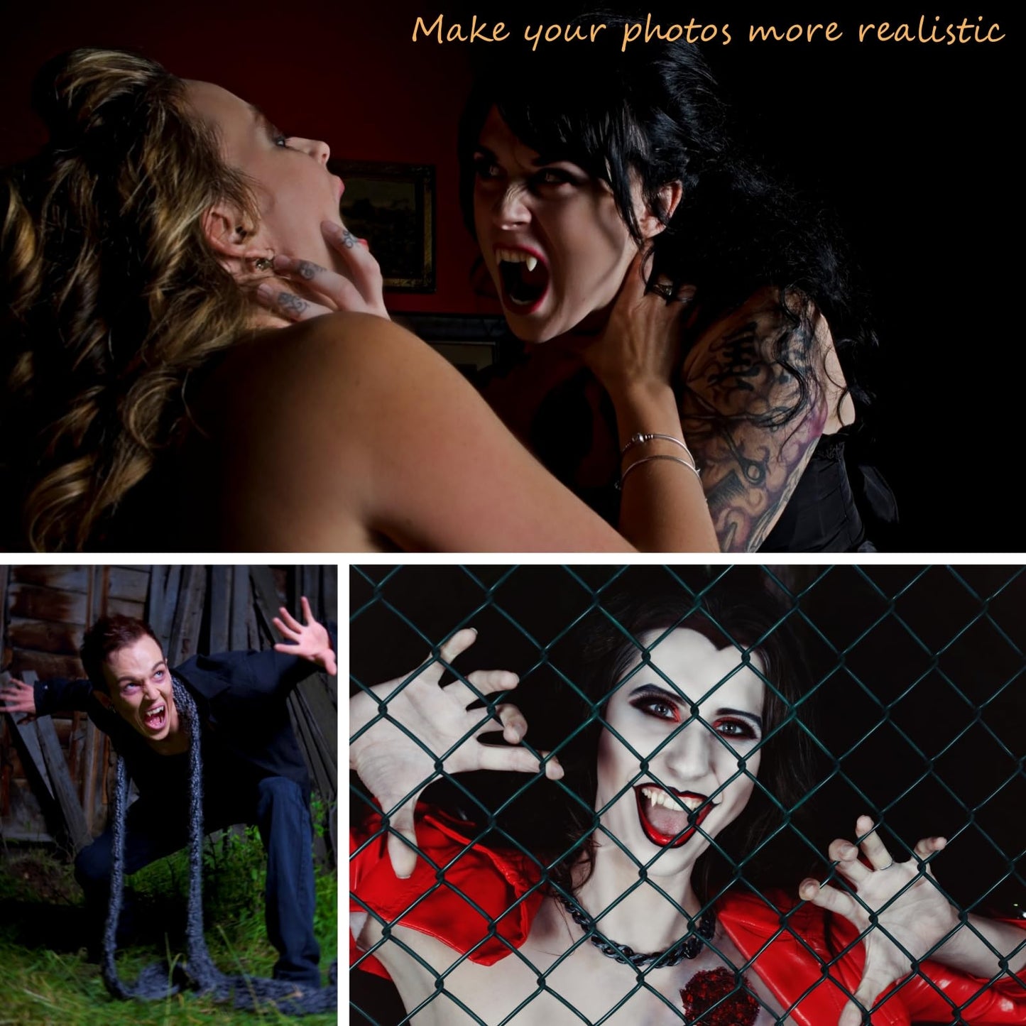 12 Pairs Vampire Teeth for Cosplay-4 Size Fake Fangs with 3 Tube Solid Adhesive for Halloween Props, Anime Party Dress Up Costume Masquerade Accessory Gift for Christmas Party