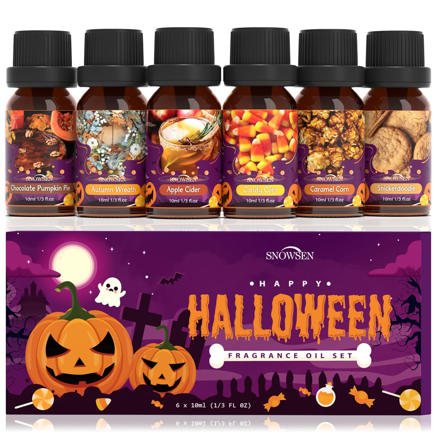 Halloween Essential Oil Set, SNOWSEN Fall Fragrance Oils for Diffuser Oil Scents, Candle Making, Soap Making, Candy Corn, Chocolate Pumpkin Pie, Autumn Wreath, Apple Cider, Caramel Corn,Snickerdoodle