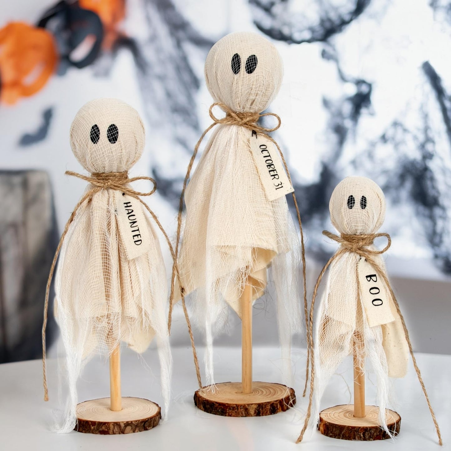 DAZONGE Halloween Decorations Indoor - Set of 3 Primitive Halloween Ghosts on Wooden Stand for Table Centerpieces, Shelves, and Mantels