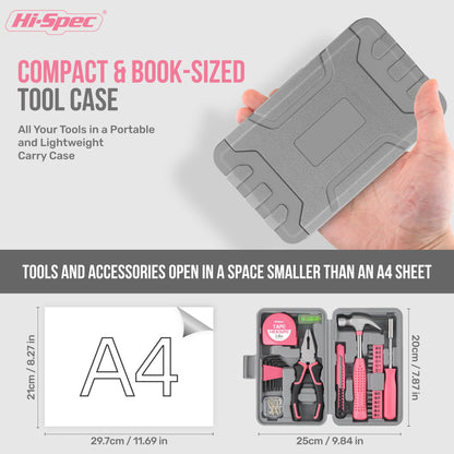 Hi-Spec Tool Set 25pc Pink Household DIY Tool Kit for Women. Small Mini Tool Box Set of Starter Basic Ladies Tools