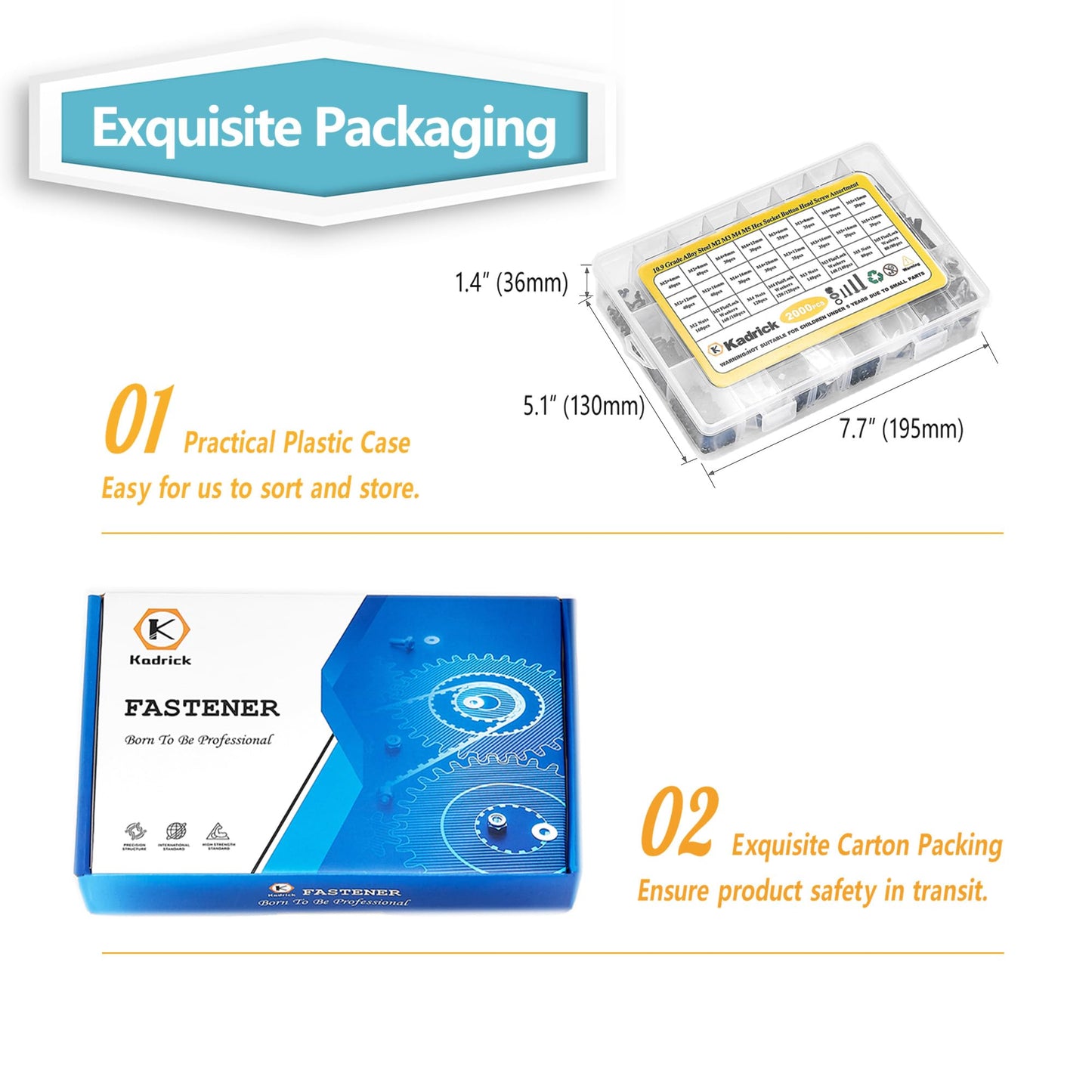 Kadrick Metric Screw Assortment, 2000PCS Metric Bolt Assortment Kit M2 M3 M4 M5 Machine Screws with Lock & Flat Washers, Grade 10.9 Alloy Steel Hex Socket Button Head Black Screws Nuts and Bolts Kit