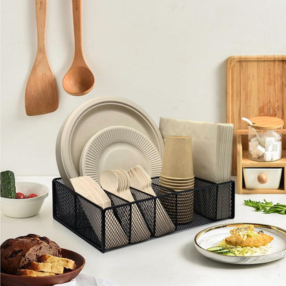 Dysanvica Metal Paper Plate Holder - Utensil Silverware Caddy for Kitchen Counter Cabinet Cutlery Flatware Organizer Storage Dispenser Box for Plastic Spoon Fork Plates Napkins Cup Party Camping Black