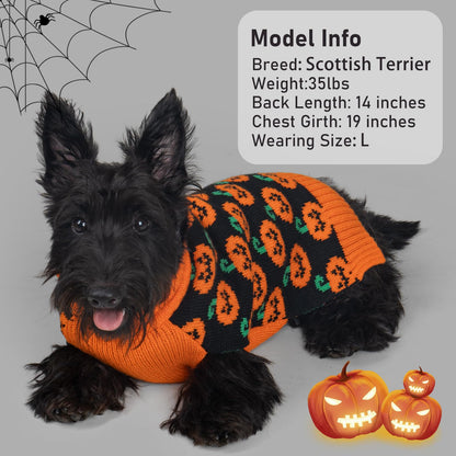 KYEESE Halloween Dog Sweater with Leash Hole Cute Pumpkin Design Winter Warm Turtleneck Cozy and Comfortable Orange Knitwear for Small Dogs Boy Fall Holiday Apparel Halloween Doggy Sweater, Large