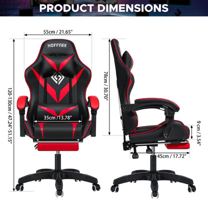 HOFFREE Massage Gaming Chair for Kids Computer Gamer Chair with Footrest and Lumbar Support Reclining PC Game Chair with Headrest for Gaming Room Red and Black