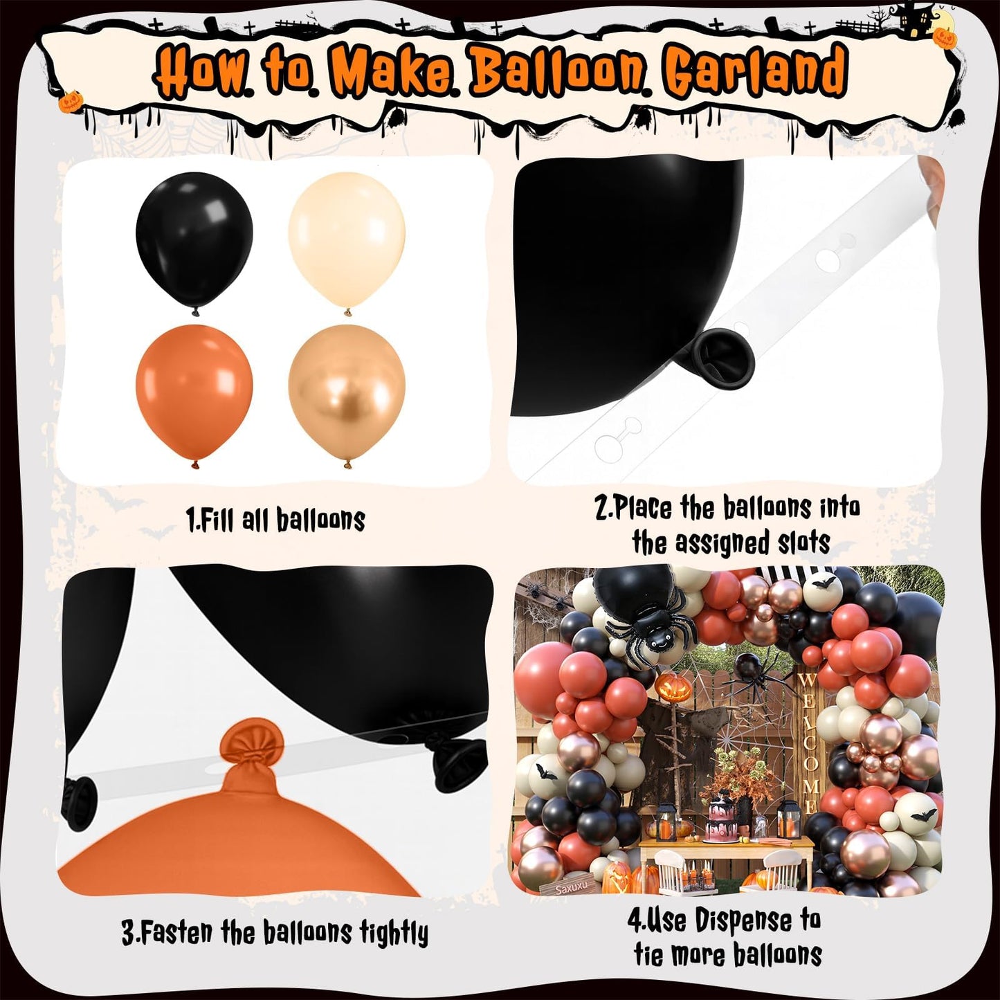 Halloween Balloon Arch Garland Kit, Black Burnt Orange Sand White Retro Orange Balloons, Spider and Black Striped Foil Balloons for Kids Halloween Birthday Party Decorations Baby Shower Backdrop