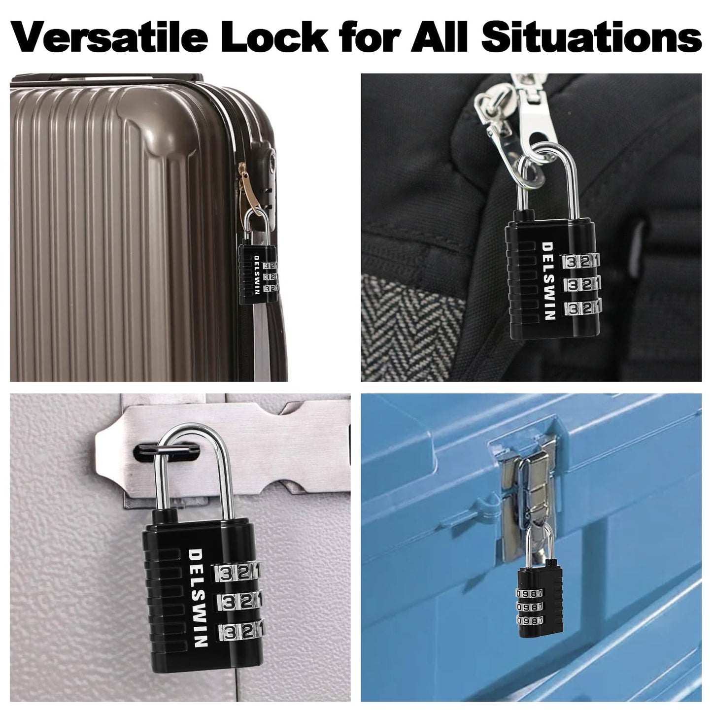 DELSWIN Combination Lock 3-Digit Small Padlock - 4Pcs Resettable Combo Lock for School Gym Locker, Outdoor, Fence, Gate, Waterproof Luggage Locks for Travel Backpack