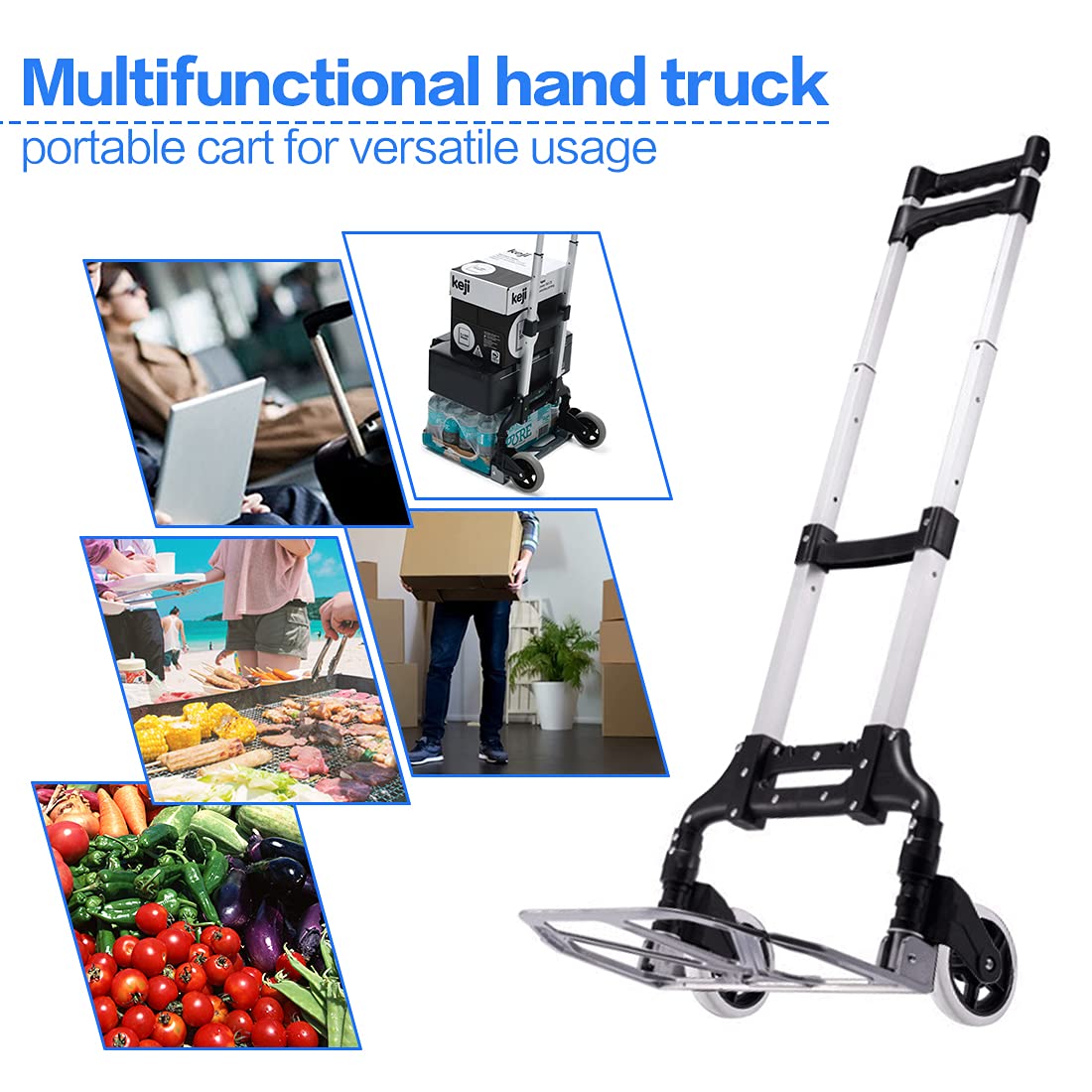 HBFBDRCT Folding Hand Truck, 165lbs Capacity Lightweight Portable Dolly with 2 TPR Silent Wheels for Home, Office, and Travel Use - Heavy Duty Utility Cart for Shopping