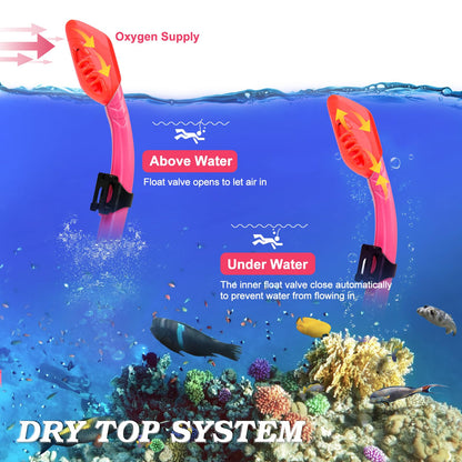 Kids Snorkel Set Dry Top Snorkeling Gear for Kids Youth Boys Girls Junior Age 5-15,Tempered Glass Swimming Diving Mask and Snorkel Set 180 Degree Panoramic View (Light Pink)