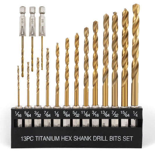COMOWARE Titanium Twist Drill Bit Set - 16 Pcs Hex Shank High Speed Steel for Wood Plastic Aluminum Alloy, Quick Change, 1/16"-1/4"