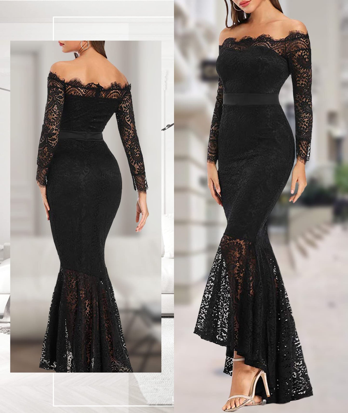 LALAGEN Women's Floral Lace Long Sleeve Off Shoulder Wedding Mermaid Dress Black XL