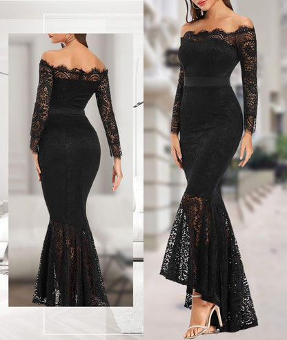 LALAGEN Women's Floral Lace Long Sleeve Off Shoulder Wedding Mermaid Dress Black XL