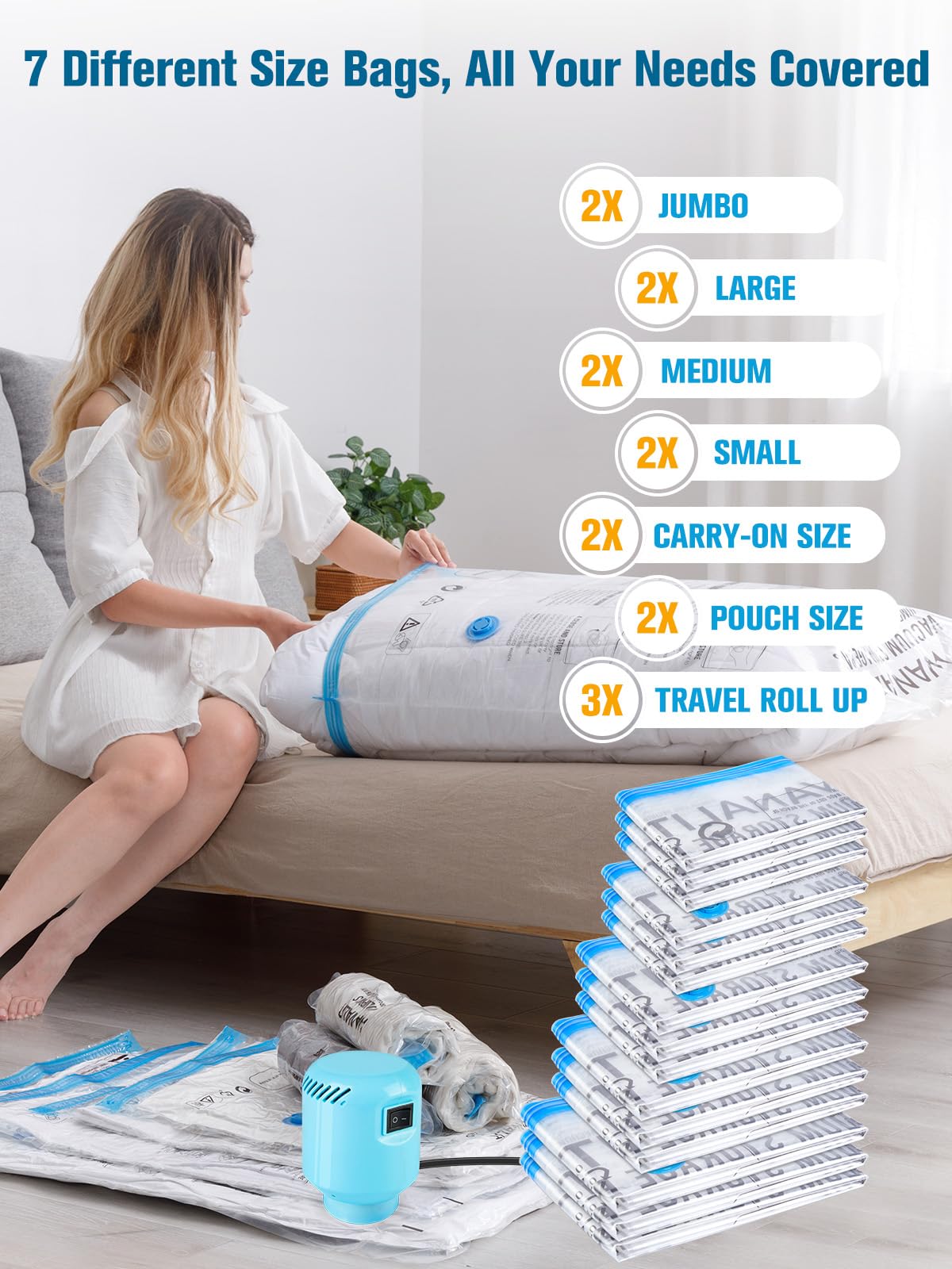 Vacuum Storage Bags with Electric Air Pump, New Air Valve Combo 15 Pack Compression Bag, Space Saving Vacuum Sealer Bags for Clothes, Blanket, Duvets, Pillows, Comforters, Travel, Two Compressing Ways