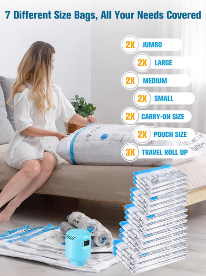 Vacuum Storage Bags with Electric Air Pump, New Air Valve Combo 15 Pack Compression Bag, Space Saving Vacuum Sealer Bags for Clothes, Blanket, Duvets, Pillows, Comforters, Travel, Two Compressing Ways